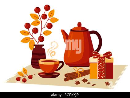 Autumn hot tea. Vector illustration of tea party elements, teapot, teacup, spices, berries Stock Vector