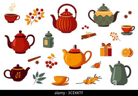 Autumn tea herb set. Vector illustration of tea party elements, teapot, teacup, spices, berries Stock Vector