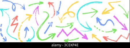 Set of childlike arrows in chalk, marker, crayon and pastel. Perfect for kids, school, kindergarten projects colors include blue, green, coral, purple Stock Vector