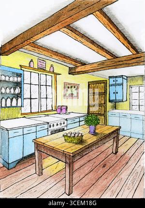 This colorful hand-drawn sketch depicts a cozy rustic kitchen with wooden beams, blue cabinets, stove, sink, wooden table with egg basket, potted plan Stock Vector