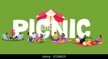 Vector flat cartoon illustration of the word picnic on green background with eating people. Family and friends on bbq. Design elements for summer even Stock Vector