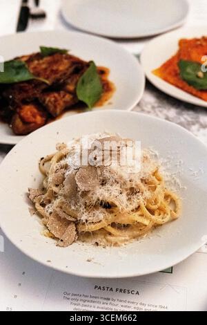 30 egg yolk tagliolini with black truffle, Lina Stores Canary Wharf restaurant, London, England Stock Photo