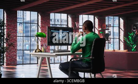 African american technician writes code on AI brain neural network for machine learning, doing maintenance and debugging the software systems. IT expert uses programming language. Camera A. Stock Photo
