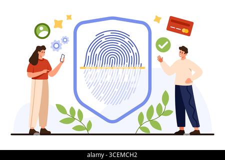 Fingerprint authentication technology for secure access, digital identity verification, and online payment protection with shield symbol and people isolated on white background vector illustration Stock Vector