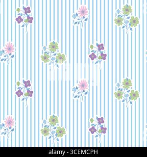 Rustic Romantic Meadow Flowers and Stripes Wallpaper Vector Seamless Pattern. Cottagecore Floral blue print Stock Vector
