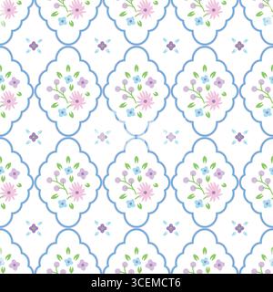 Rustic Romantic Meadow purple Flowers and scallop rhombuses Vector Seamless Pattern. Cottagecore Garden Flowers print Stock Vector