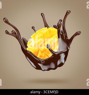 mango cube slices in chocolate splash on a light brown background. Stock Photo