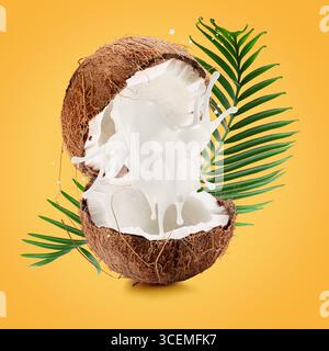 coconuts with palm leaves and milk splash on a yellow background. Stock Photo