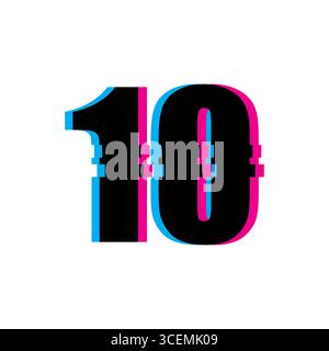 Vector number ten. Glitch effect distortion. Digital screen noise. Corrupted data symbol. Stock Vector