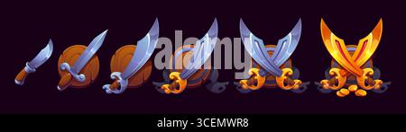 Pirate saber and corsair sword game rank badge, vector piracy award and rating icon. Cartoon old wood shields with crossed pirate sword and sabre, treasure gold coins and black ribbon, game rank badge Stock Vector
