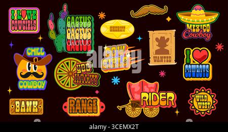 Wild West y2k groovy Western stickers, retro cowboy vector patch labels. Vintage hippie cactus, heart and flower icons. Groovy Wild West cowboy emoji, hat, sheriff star and wanted poster y2k stickers Stock Vector