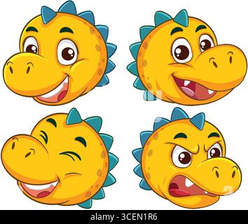 Vector illustration of a yellow cartoon dinosaur head showing happy, surprised, winking, and angry expressions. Bright colors, bold outlines, flat des Stock Vector