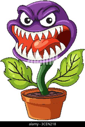 Vector illustration of a fierce, purple carnivorous plant with sharp teeth and expressive eyes, set in a terracotta pot with green leaves Stock Vector