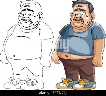 Vector illustration of a sad, overweight man in casual attire. Features detailed coloring and a monochrome version Stock Vector