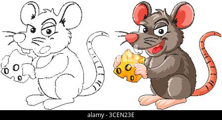 Vector illustration of a smiling cartoon mouse holding cheese, shown in both full color and black-and-white outline, with bold lines and playful style Stock Vector