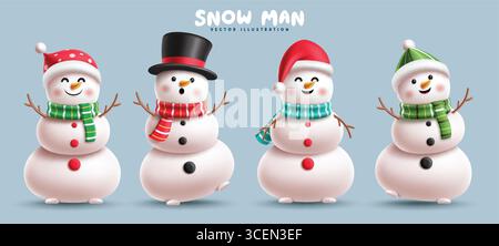 Christmas Snow Man characters clipart set. Snowman cute cartoon character clip art collection wearing colorful scarf, Santa hat mascot costume Stock Vector