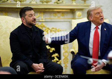 Anchorage, Alaska, USA. 15th Aug, 2025. United States President Donald J Trump meets President Volodymyr Zelenskyy of Ukraine in the Oval Office of the White House in Washington, DC, USA, on Monday, August 18, 2025. European Leaders are at the White House in support of President Zelenskyy following President Trumpâs meeting with President Vladimir Putin of Russia in Anchorage, Alaska, USA, on Friday, August 15, 2025. Credit: Aaron Schwartz/Pool via CNP/dpa/Alamy Live News Stock Photo