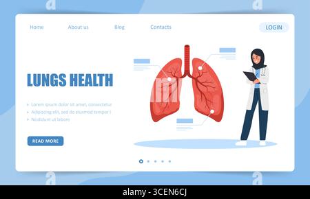Lungs health. Landing page template. Arab Female doctor examination Respiratory system disease. Vector illustration in flat cartoon style Stock Vector