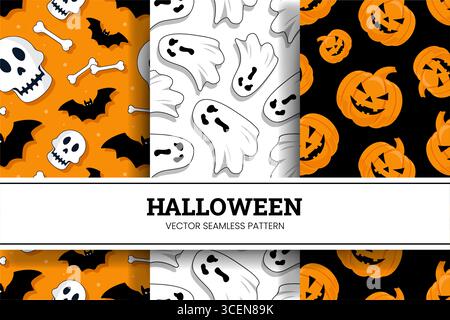 Happy Halloween Night Festival Seamless Pattern Design with Spooky Elements in Illustration Template Stock Vector