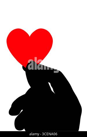 A silhouetted hand delicately holds a vibrant red heart, symbolizing love, affection, and a personal touch against white Stock Vector
