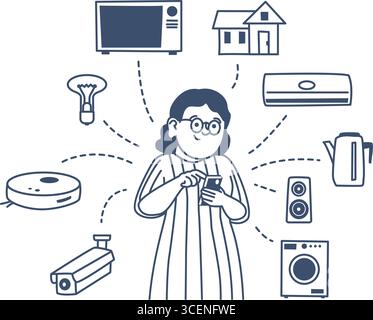 People smart home concept. Iot digital smart technologies, remote control of house appliances via smartphone. Use devices recent vector concept Stock Vector