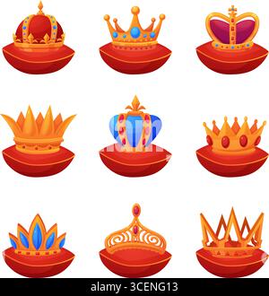 Crowns on pillows. Golden king princess queen crown on red pillow. Isolated royal symbols, ceremonial traditional kingdom items, nowaday vector set Stock Vector