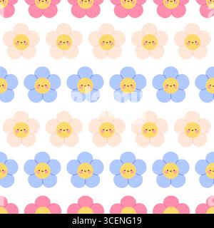 Daisy seamless pattern. Funny flower faces, chamomiles pink white and blue. Isolated smiling daisies. Floral cartoon print template, vector background Stock Vector