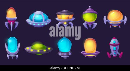 Cartoon ufo ships. Futuristic spaceships with lights. Aliens transport in space, universe transportation game elements, nowaday vector clipart Stock Vector
