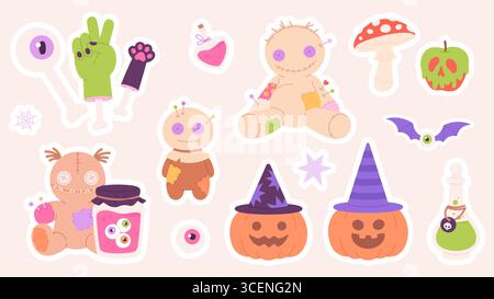Halloween elements sticker pack. Cartoon bones, zombie hand, cat paw, voodoo dolls, poison bottles and spider web. Witchcraft set, vector clipart Stock Vector