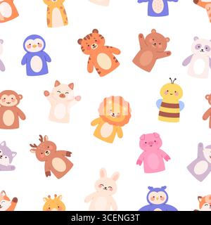 Cute animals finger puppets seamless pattern. Funny childish theater toys. Isolated bunny pig wolf cat fox. Cartoon print design for fabric or Stock Vector