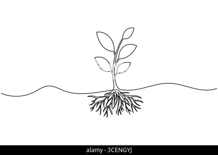 One line drawing of a plant sprout with leaves, simple nature vector illustration on white background Stock Vector