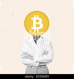 Woman in business clothes standing with arms folded on chest holding bitcoin coin above head isolated over beige background. Composite collage Stock Photo