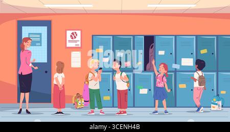 Students school corridor. Teacher with children on school break in hall room interior, kids at lockers hallway schooler child meeting classroom door cartoon vector illustration original artwork Stock Vector