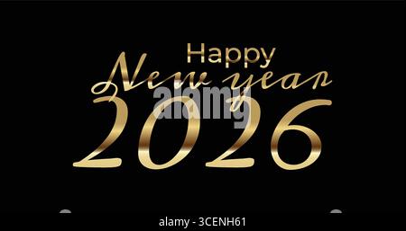 Happy New Year 2026 Gold Typography on Black Background Vector Illustration Stock Vector