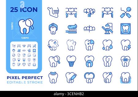 Dental pixel perfect line color icons set Stock Vector