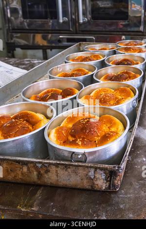 Rows of warm, golden brown bread rolls in round metal pans resting on a rustic bakery table after baking. Stock Photo