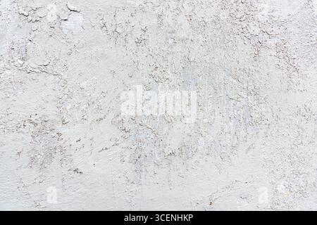 A textured white wall shows signs of wear with cracks and imperfections, illuminated by soft natural light in a minimalist environment. Stock Photo