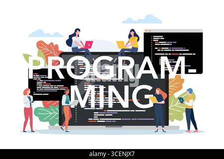 People with coding on laptop screen. Concept of computer programming or developing software or game. Vector flat illustration with coding, Java, HTML, Stock Vector