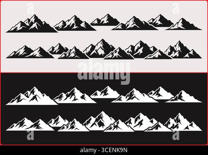 Mountain range silhouette patterns in black and white with contrasting backgrounds and red border Stock Vector