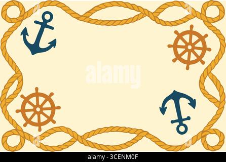 Coastal themed frame made of looping rope accented with anchors and helms around a pale center. Stock Vector