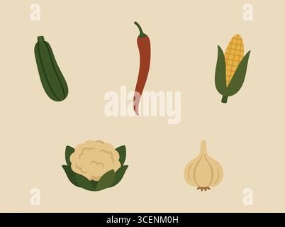 Minimal produce illustrations showing a mix of green and red vegetables with a light backdrop. Stock Vector