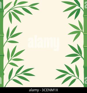 Minimal decorative frame with green bamboo leaves clustered in each corner surrounding a spacious blank center. Stock Vector
