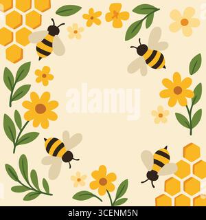 Cheerful floral frame with buzzing bees yellow blossoms and a small honeycomb cluster around open space. Stock Vector