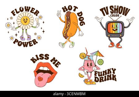 Cartoon y2k groovy stickers. Retro daisy flower, dancing hotdog, smiling tv, red lips and funky drink, all with expressive faces and vintage typography, evoking 70s pop culture and playful nostalgia Stock Vector