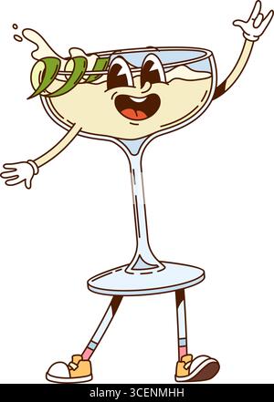 Daiquiri cocktail drink vintage groovy character. Nightclub tropical beverage happy funky 60s vector character, fresh drink cute mascot. Alcohol cocktail cheerful personage with lemon peal spiral Stock Vector