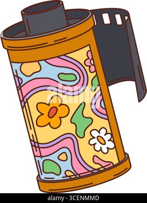 Retro camera film roll hippie groovy object. Vintage DSLR photo camera groovy vintage vector cartridge or container. Analog photography film cartoon reel with colorful flowers psychedelic pattern Stock Vector