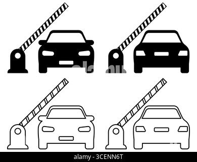 Set of vector car icons with automatic barrier gate. Includes front and rear views in solid and outline styles. Perfect for transportation, security, and parking-related designs. Car barrier icon. Parking gate symbol. Vehicle entry control. Security checkpoint graphic. Automatic gate illustration. Stock Vector