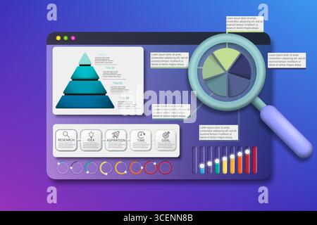 Modern infographic panel with analytics visualization magnifying glass, segmented pie chart, process timeline, and interactive bars. Marketing data visualization UI. Analytics dashboard with magnifying glass. Business infographic for data analysis. Pyramid and pie chart concept. Interactive progress tracking. Stock Vector