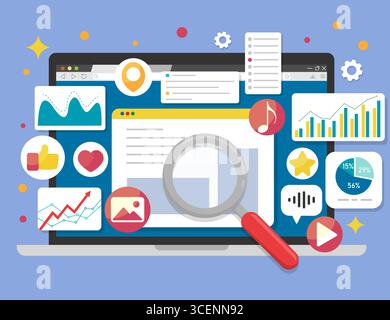 Creative social engagement and data visualization concept with magnifying glass and interactive UI. Digital analysis and media content icons around computer interface, including graphs, likes, and music. Social media analytics dashboard on laptop Stock Vector
