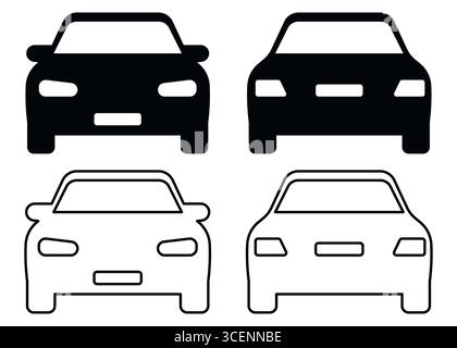Set of vector icons showing front and rear view of cars in black solid and outline styles. Car front rear icons. Vehicle front and back. Auto silhouette vector. Car icon set. Front and back car view. Front and rear car symbols in minimalist vector style. Solid and contour automotive illustrations. Stock Vector